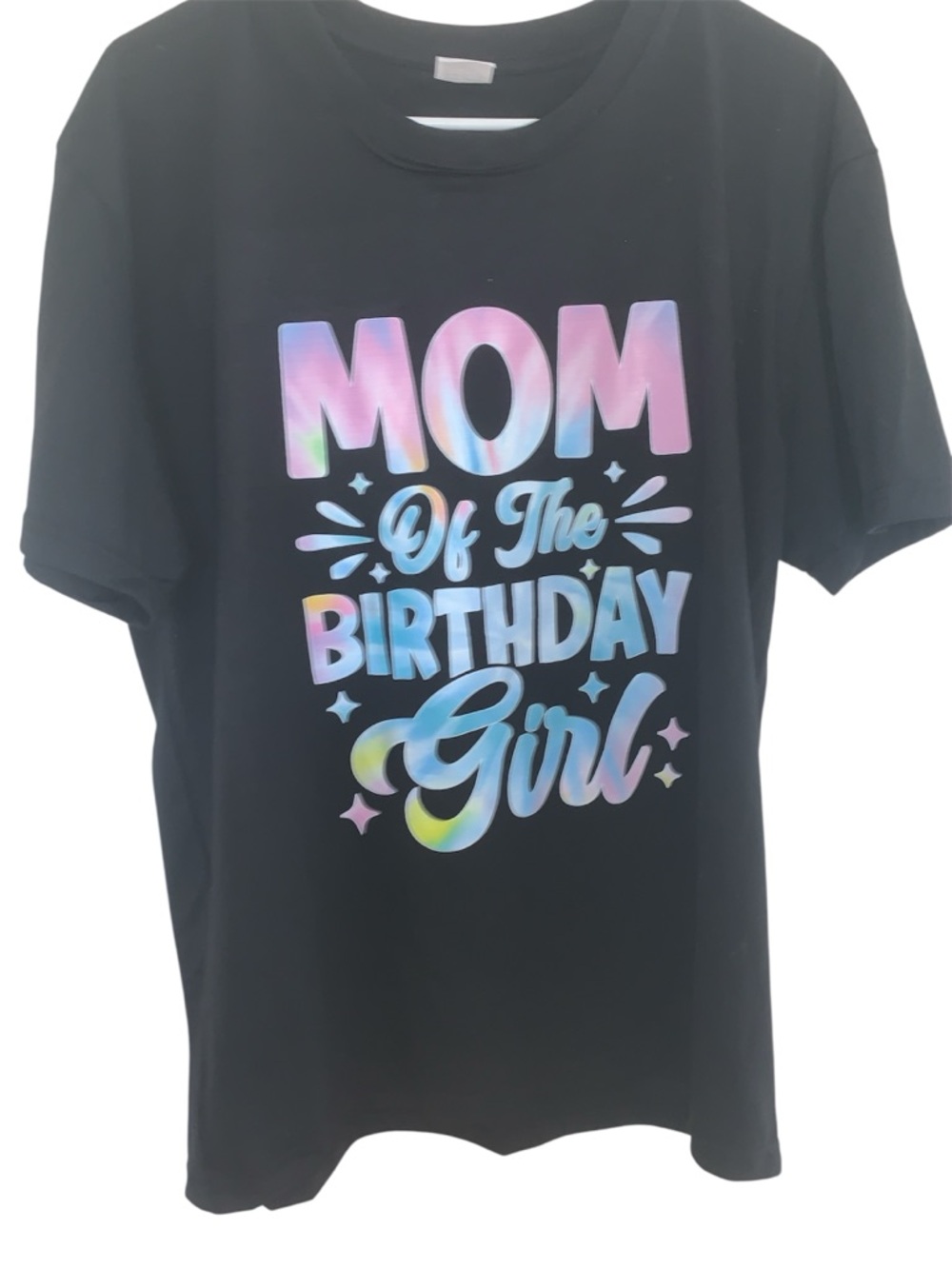 Mom of the Birthday Girl Tee - XL. Black with Pastel Rainbow Print